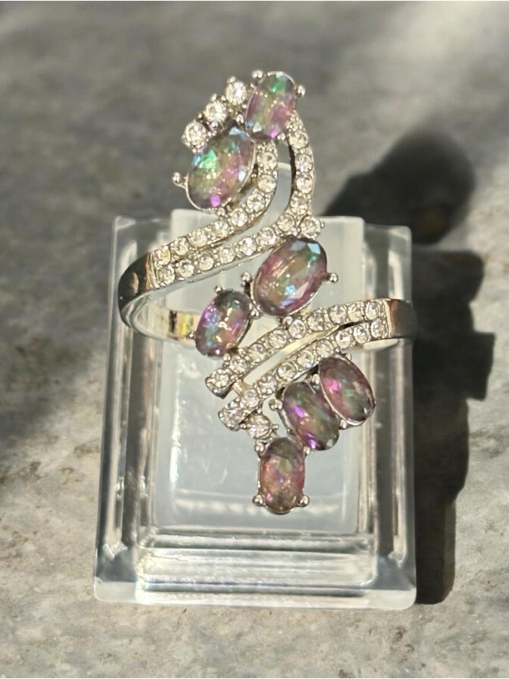 Mystic Topaz and Cubic Zirconia Silver-Tone Statement Ring - Iridescent
